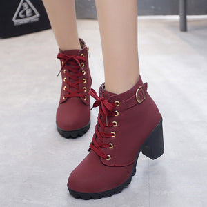 Ankle boots for women 2019 new elegant square heel shoes woman high heel solid vintage boots women lace-up ladies shoes