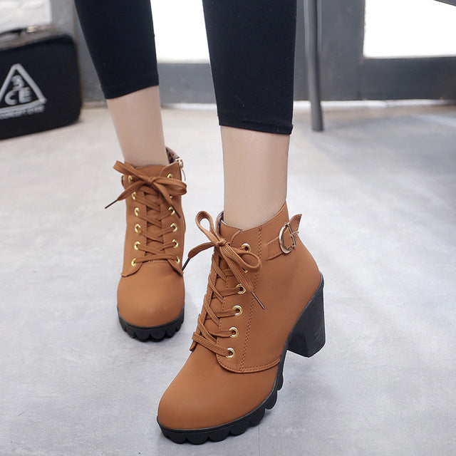 Ankle boots for women 2019 new elegant square heel shoes woman high heel solid vintage boots women lace-up ladies shoes