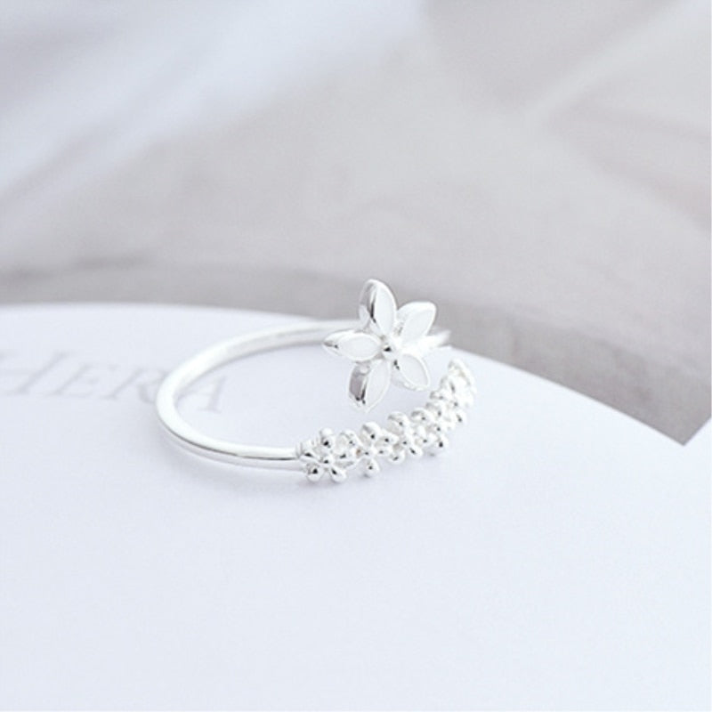 Fresh Flower 925 Sterling Silver Temperament Personality Literary Fashion Gift Korea Female Resizable Opening Rings SRI172