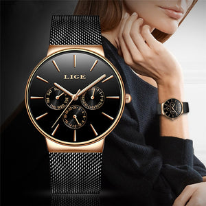 2020 Watches Women Super Slim Mesh Stainless Steel LIGE Top Brand Luxury Casual Quartz Clock Ladies WristWatch Relogio Feminino