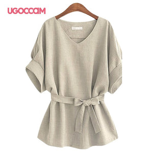 UGOCCAM Women Blouses Linen V Neck Blouse Ladies Summer Loose Baggy Tops Female Casual Shirts Woman Plus Size Clothes M-4XL