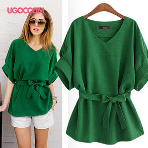 UGOCCAM Women Blouses Linen V Neck Blouse Ladies Summer Loose Baggy Tops Female Casual Shirts Woman Plus Size Clothes M-4XL