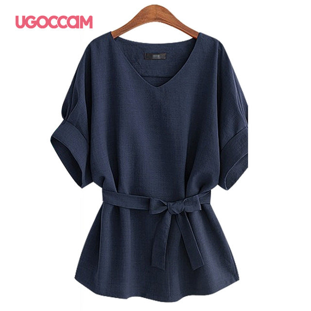 UGOCCAM Women Blouses Linen V Neck Blouse Ladies Summer Loose Baggy Tops Female Casual Shirts Woman Plus Size Clothes M-4XL