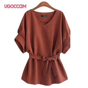 UGOCCAM Women Blouses Linen V Neck Blouse Ladies Summer Loose Baggy Tops Female Casual Shirts Woman Plus Size Clothes M-4XL