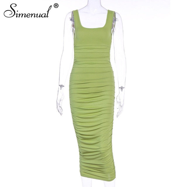 Simenual Ruched Solid Sexy Bodycon Party Dresses Women Fashion Sleeveless Skinny Clubwear Basic Hot Midi Dress 2020 Slim Female