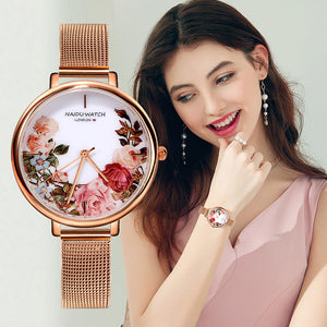 Top Fashion Luxury Brand Watches Women Style Flowers Painting Women Watch Stainless Steel Watches Ladies Clock reloj mujer