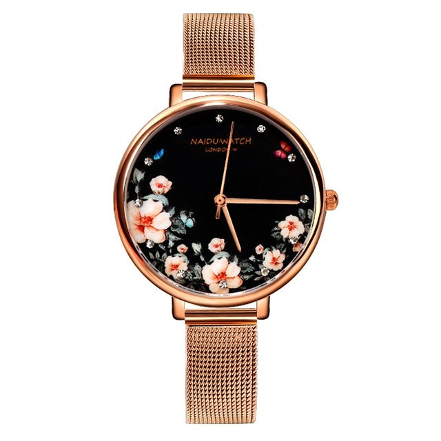 Top Fashion Luxury Brand Watches Women Style Flowers Painting Women Watch Stainless Steel Watches Ladies Clock reloj mujer