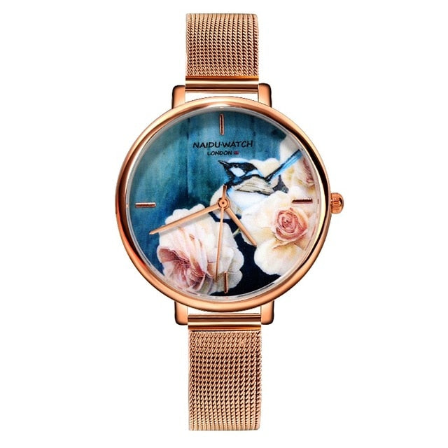 Top Fashion Luxury Brand Watches Women Style Flowers Painting Women Watch Stainless Steel Watches Ladies Clock reloj mujer