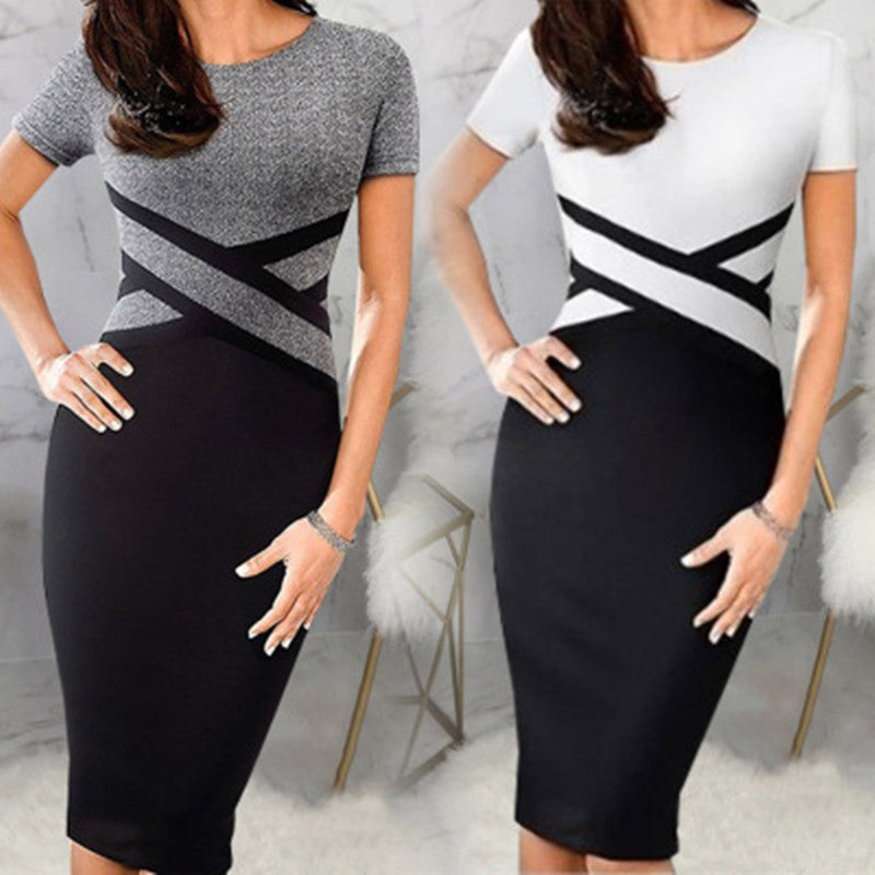 Fashion Wear Women Dress Stripe Short Sleeve Slim Dress O-Neck High Waist Office Lady Summer Bodycon Dress